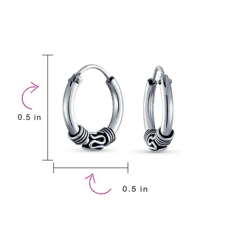 Bling Jewelry Bali Tribal Swirl Hoop Huggie Earrings Oxidized Sterling Silver Multiple Sizes
