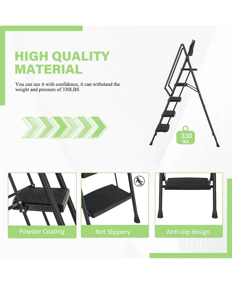 5-Step Foldable Light Weight Wide Anti Slip Pedal and Safety Handle, Sturdy Multi-Purpose Step Ladder with tool bag