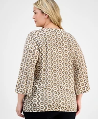 Jm Collection Plus Printed Lace-Up Split-Neck Top
