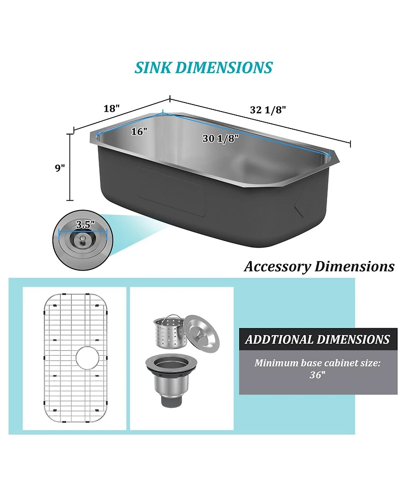 32-Inch 18Ga Thick Stainless Steel Sink Under The Table Installation Single Grooves Brushed Surface With Drain Grid And Drainer