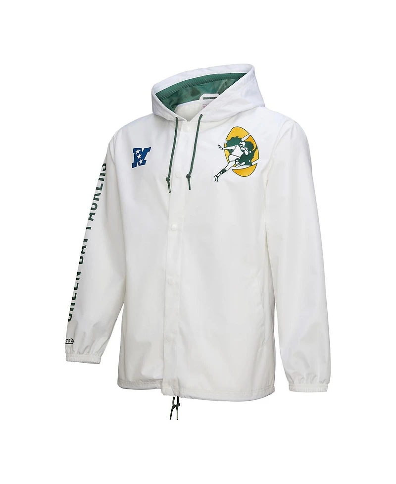 Mitchell & Ness Men's White Green Bay Packers Vintage Logo Coaches Full-Snap Hoodie Jacket