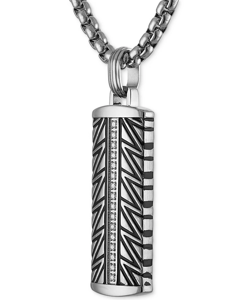 Esquire Men's Jewelry Diamond Dog Tag 22" Pendant Necklace (1/6 ct. t.w.) in Stainless Steel & Black Ion-Plated Stainless Steel