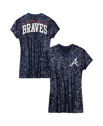Outerstuff Big Girls Navy Atlanta Braves Sequin V-Neck Dress