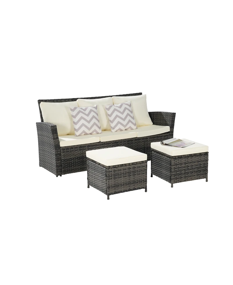 3-Piece Wicker Patio Set, Sofa, Ottomans, All-Weather Rattan