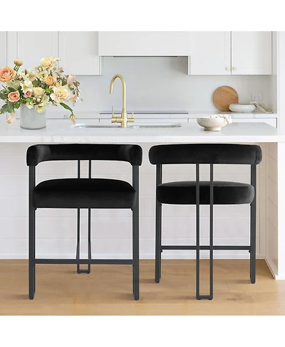 Set of 2 Modern Velvet Counter Stools with Curved Back, Metal Legs & Upholstered Seat-Maison Boucle