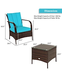 3 Pcs Patio Wicker Rattan Furniture Set Coffee Table & 2 Rattan Chair