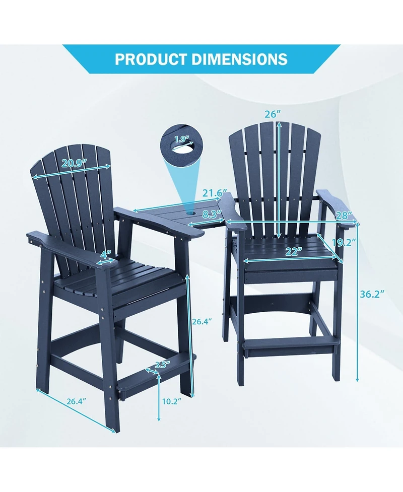Aoodor Tall Adirondack Chair Hdpe Bar Stool with Connecting Tray for Lawn Backyard Garden, Set of 2