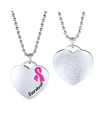 Bling Jewelry Heart Pink Ribbon Breast Cancer Survivor Pendant Necklace Silver Stainless Steel