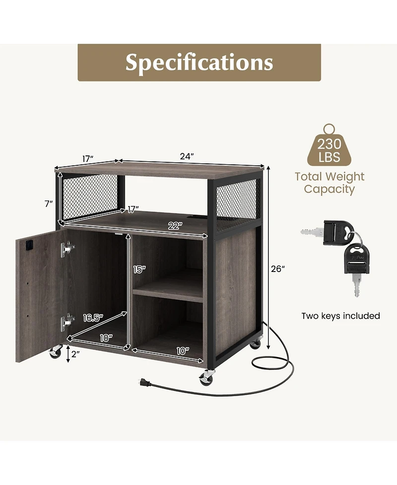 File Cabinet on Wheels with Charging Station and Cable Management Hole