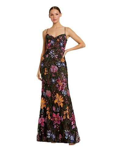 Mac Duggal Women's Spaghetti Strap Floral Embroidered Gown
