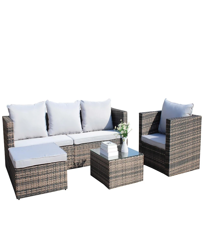 Streamdale 4-Pc Outdoor Rattan Sofa Set, Cushioned couch & coffee table (Gray)