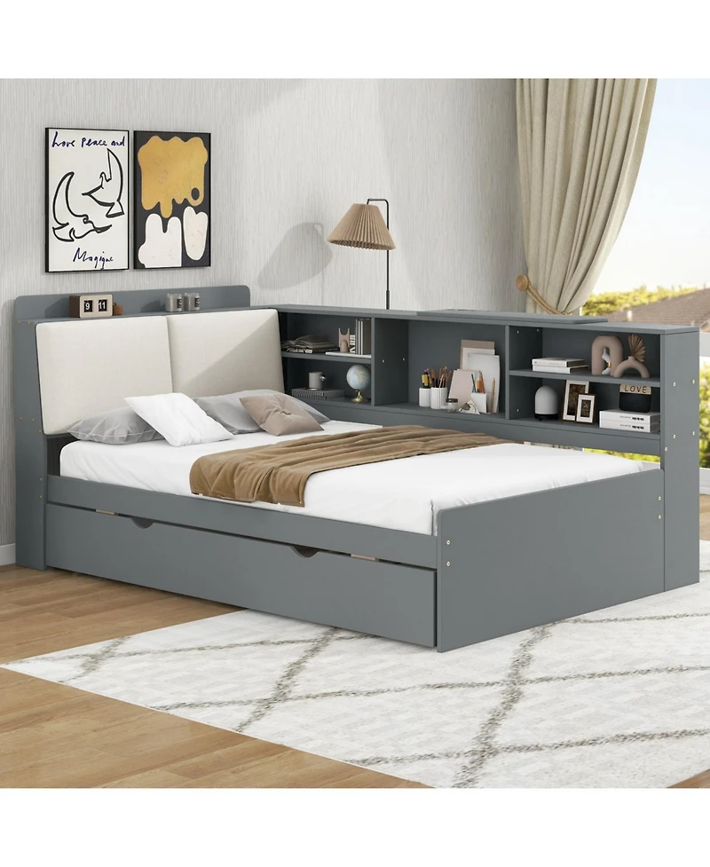 Streamdale Wood Twin Size platform bed with Trundle, Shelves and Storage Headboard, Gray