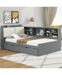 Streamdale Wood Twin Size platform bed with Trundle, Shelves and Storage Headboard, Gray
