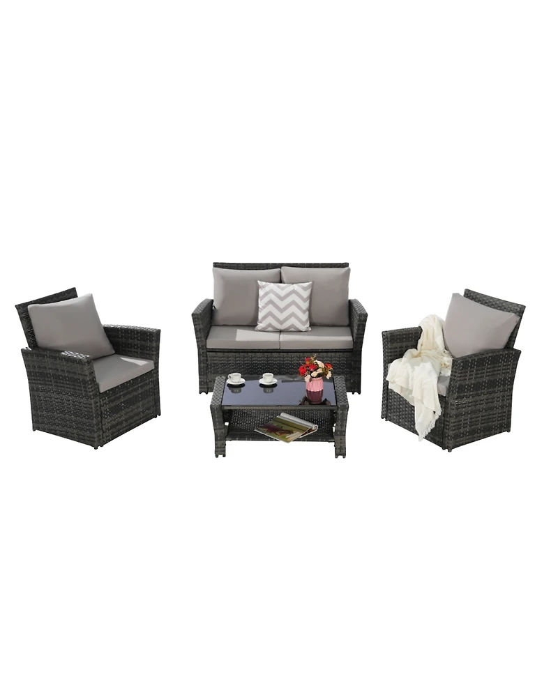 Streamdale 4-Piece Outdoor Patio Furniture Set, Rattan Chairs, Glass Table