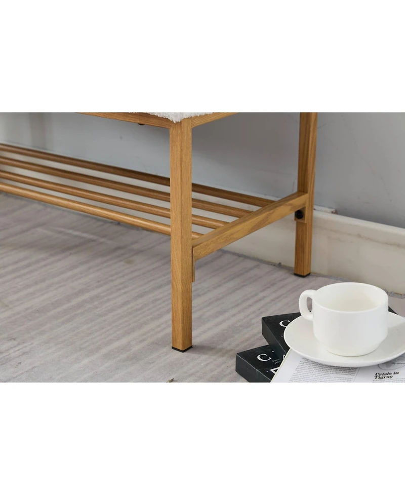 Streamdale Embroidered Fabric Upholstered Shoe Bench with Shelf and Metal Legs
