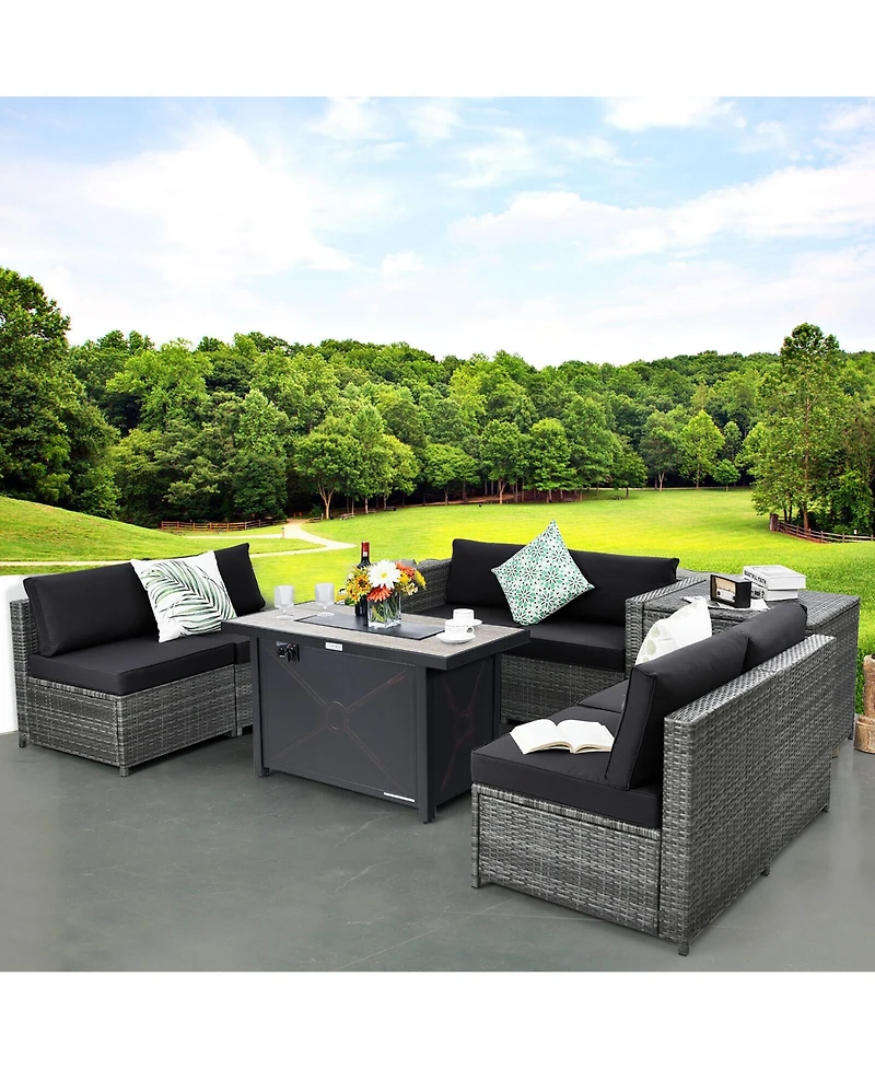 Gymax 9 Pcs Patio Rattan Furniture Set Fire Pit Table Storage Grey W/ Cover