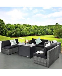 Gymax 9 Pcs Patio Rattan Furniture Set Fire Pit Table Storage Grey W/ Cover