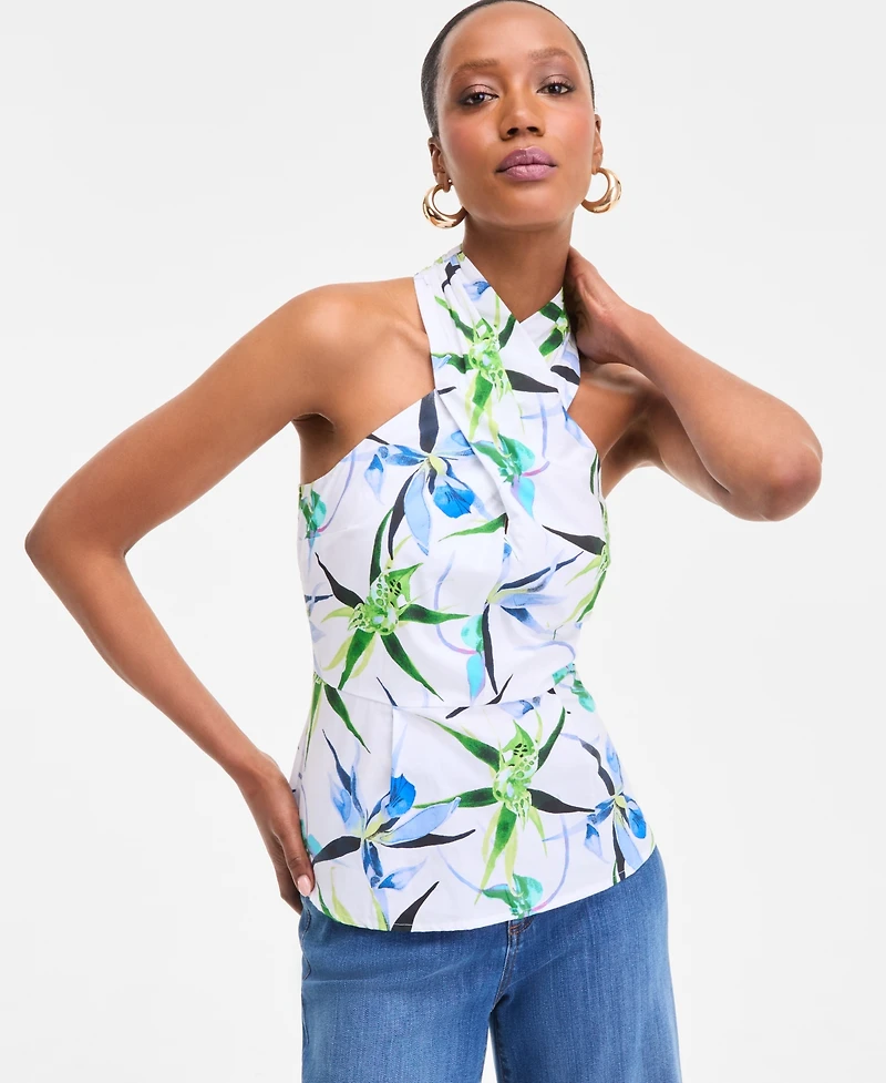 I.n.c. International Concepts Women's Cotton Printed Halterneck Top, Exclusively at Macy's