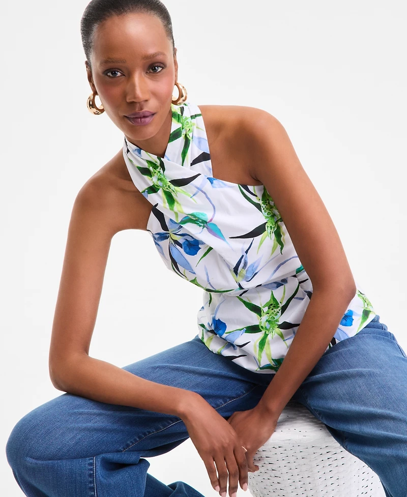 I.n.c. International Concepts Women's Cotton Printed Halterneck Top, Exclusively at Macy's