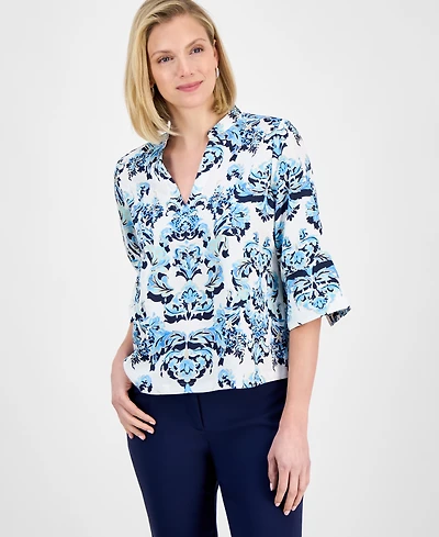 Jm Collection Women's Printed Jacquard 3/4-Sleeve Top, Exclusively at Macy's