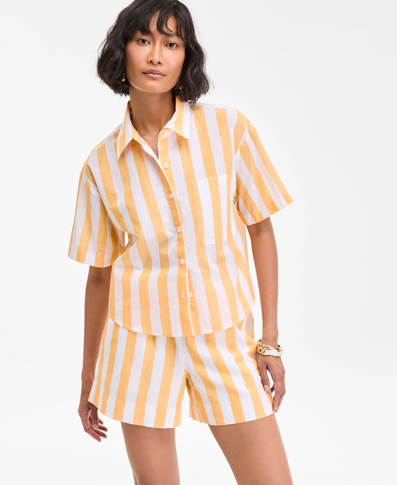 On 34th Women's Cotton Striped Short-Sleeve Shirt, Exclusively at Macy's