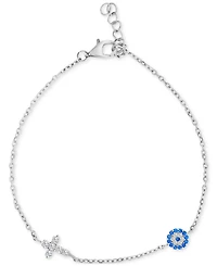 2-Pc. Set Cubic Zirconia Cross & Evil Eye Bracelet & Stud Earrings in Sterling Silver