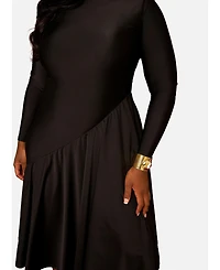 Rebdolls Women's Stylish Black Floral Print Asymmetrical Midi Skater Dress