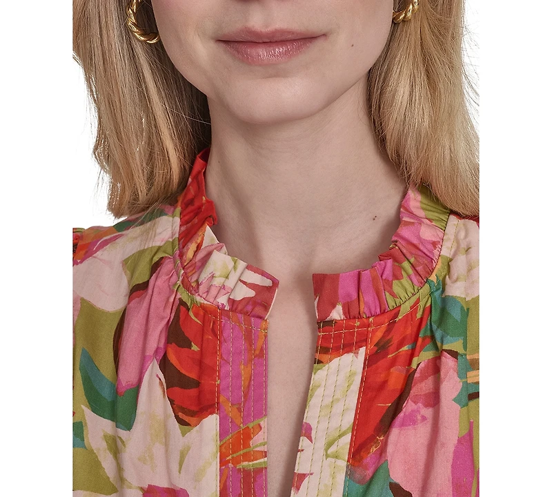 Vince Camuto Petite Cotton Floral-Print Puffed-Sleeve Dress