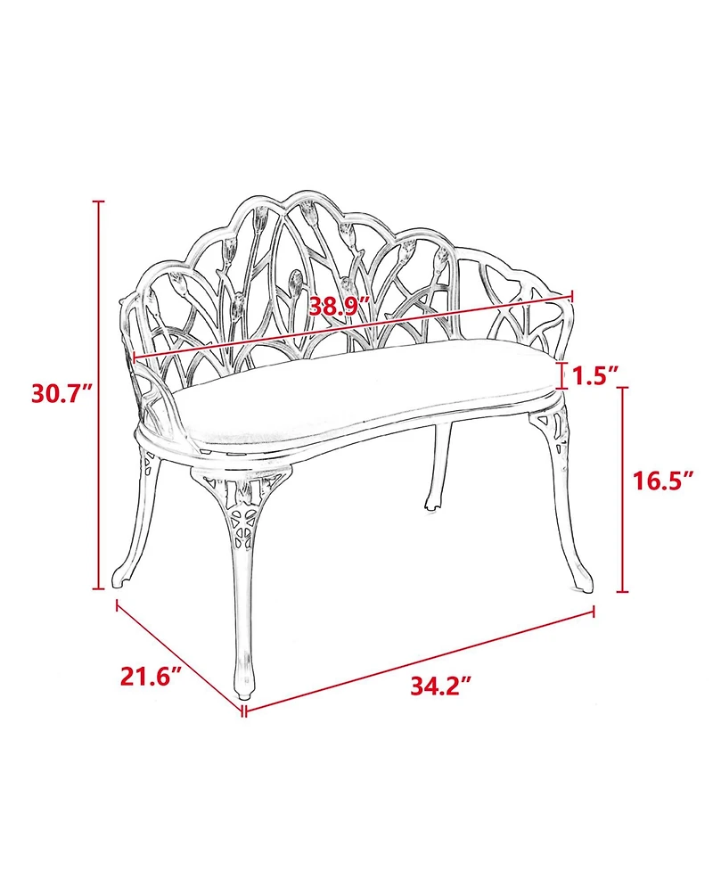 Streamdale Tulip Patio Bench, Metal, Cast Aluminum, Floral Rose, Cushion