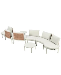 8-Pc Half Moon Patio Sofa Set, Wicker, Glass Tables, Cushions & Pillows, Beige