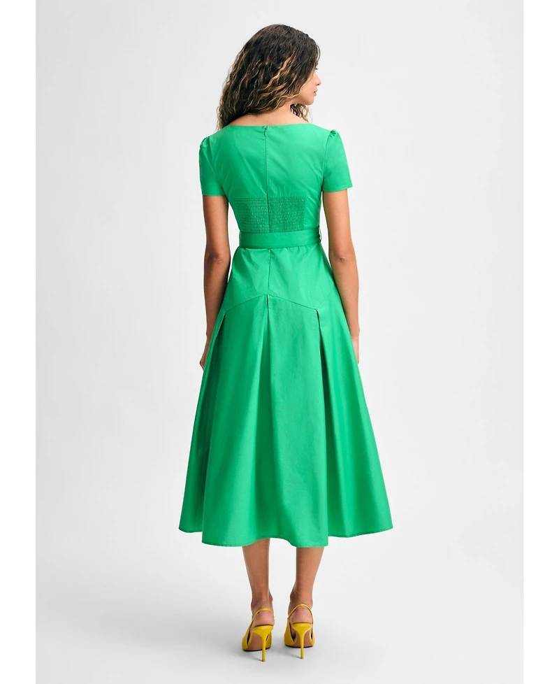 Isaac Mizrahi Women's Pleated Short Sleeve Belted Midi Dress