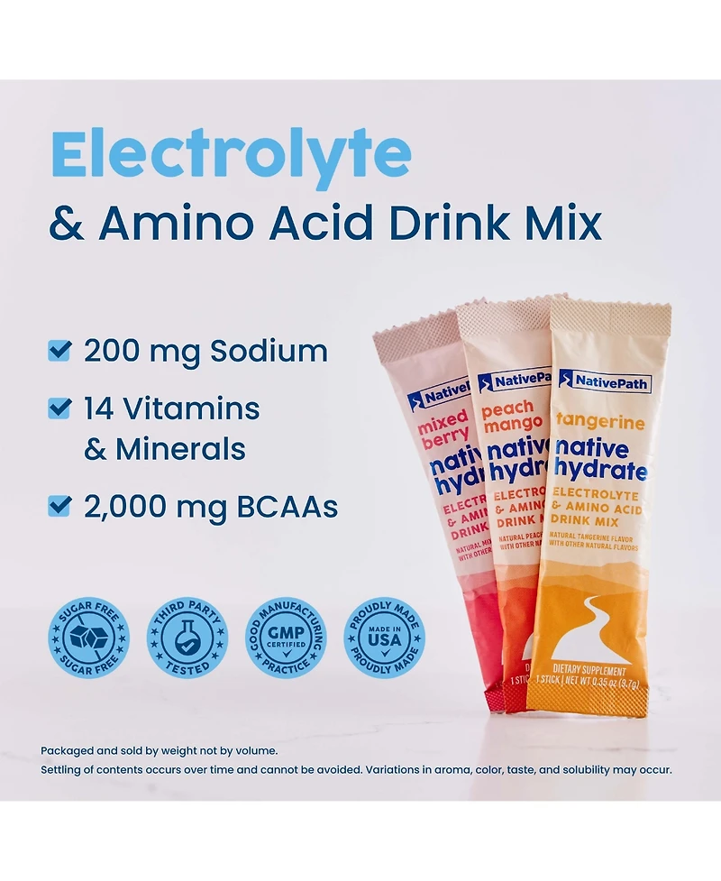 NativePath Native Hydrate Stick Packs with Electrolytes and Amino Acids, Variety Pack, Mixed Berry, Peach Mango, Tangerine, 30 Servings