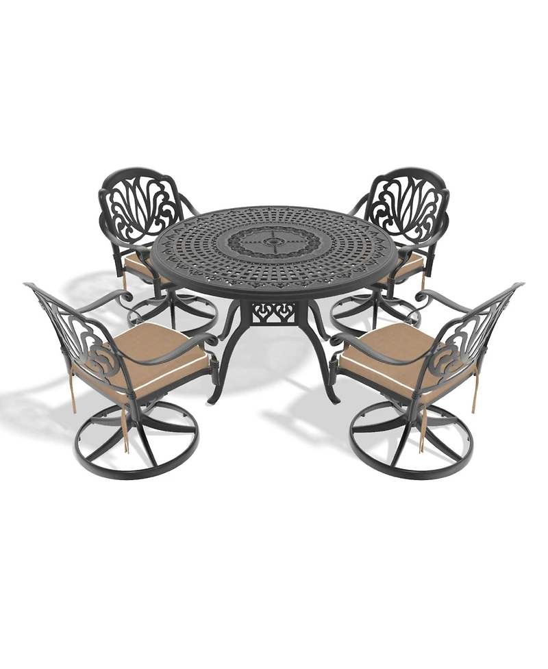 Streamdale 5-Pc Cast Aluminum Dining Set, 4 Swivel Chairs, 47" Round Table