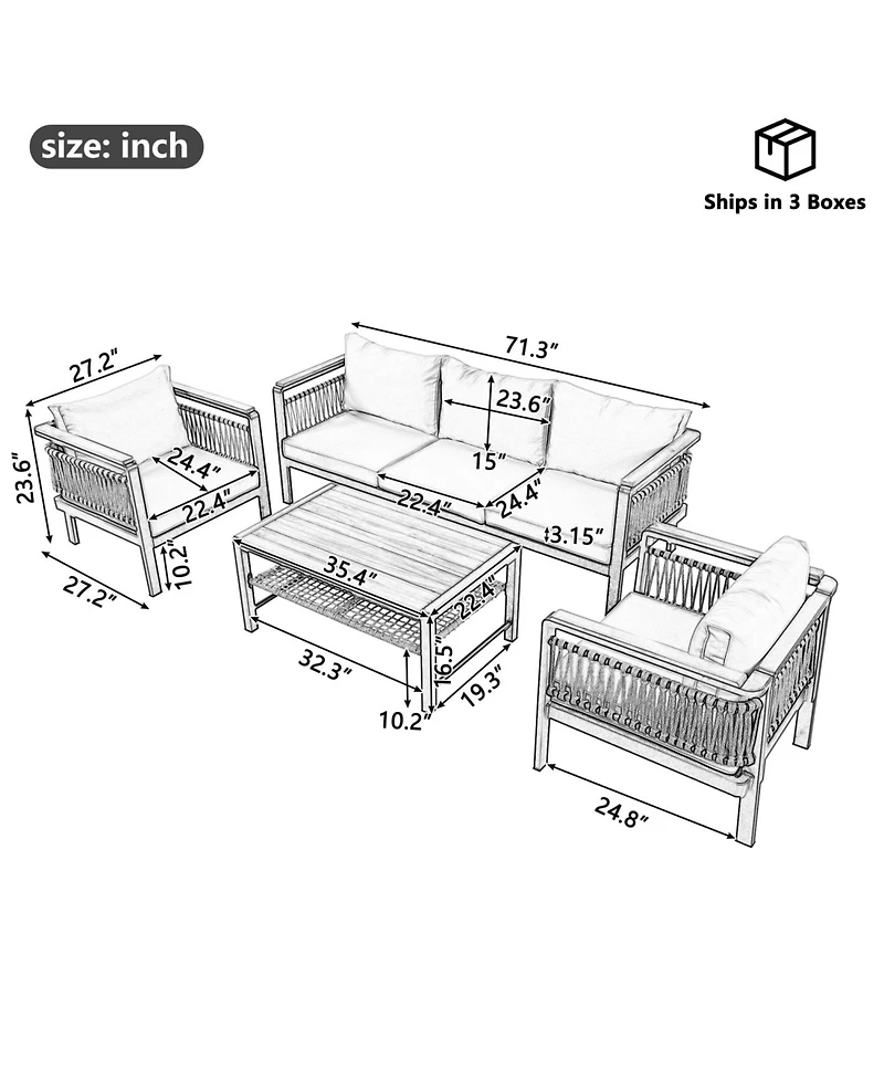 Streamdale 4-Piece Outdoor Sectional, Patio seating with cushions & coffee table, grey