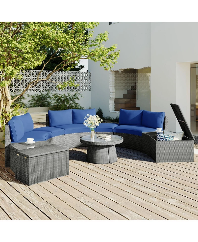 Streamdale 10-Pc Half-Round Rattan Patio Sofa Set, Free Combo, Blue