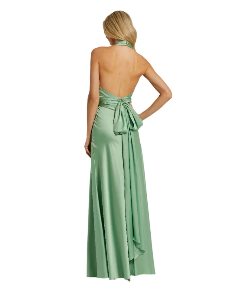 Mac Duggal Women's Ruched Halter Neck Tie Back Satin Gown
