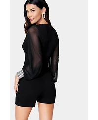 Bebe Women's Crystal Cuff Sheer Sleeve Romper