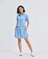 Reistor Women's Drawstring Denim Shirt Dress with Front Buttons Blue