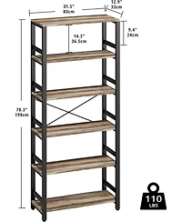 Bookshelf, 31.5in Wide Shelf 6 Tier Bookcase, 110lbs/shelf