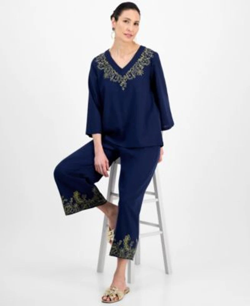 Jm Collection Womens Embroidered Top Capri Pants Exclusively At Macys