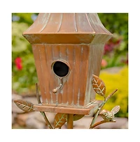 Copper Finish Metal Garden Birdhouse with Stake and Pole for Outdoor Decor