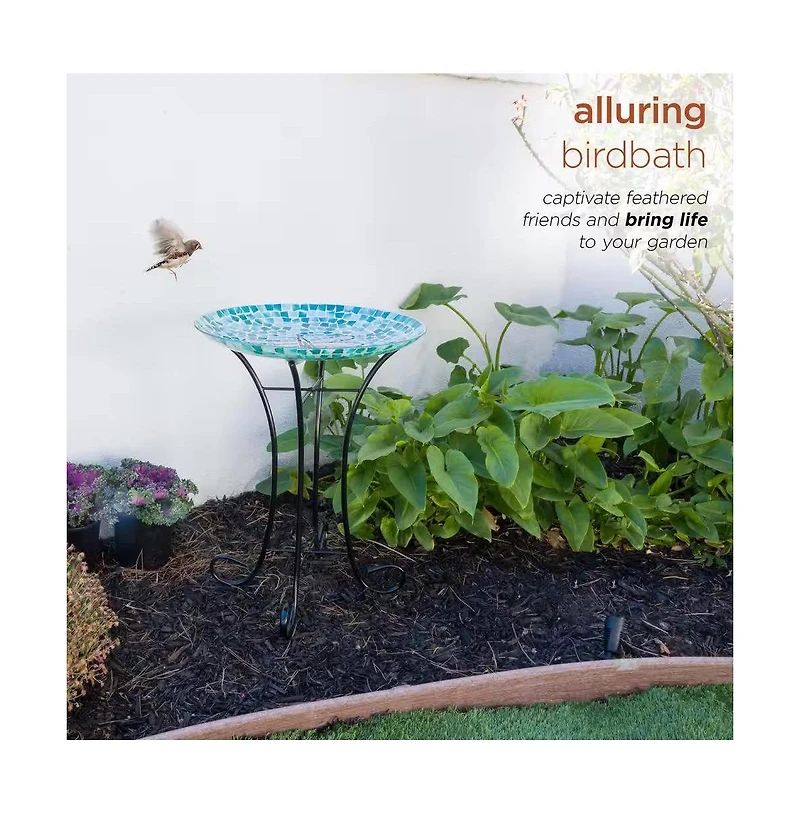 Mosaic Glass Birdbath Bowl with Metal Stand for Garden and Patio Decor