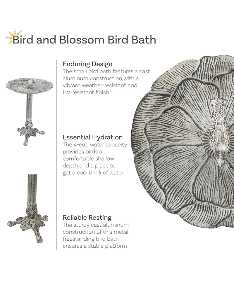Bird and Blossom Cast Aluminum Metal Bird Bath - Antique Gray - 13"