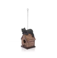 Outdoor Polyresin A-Frame Birdhouse with Bear Figurine and Wood Finish for Gardens