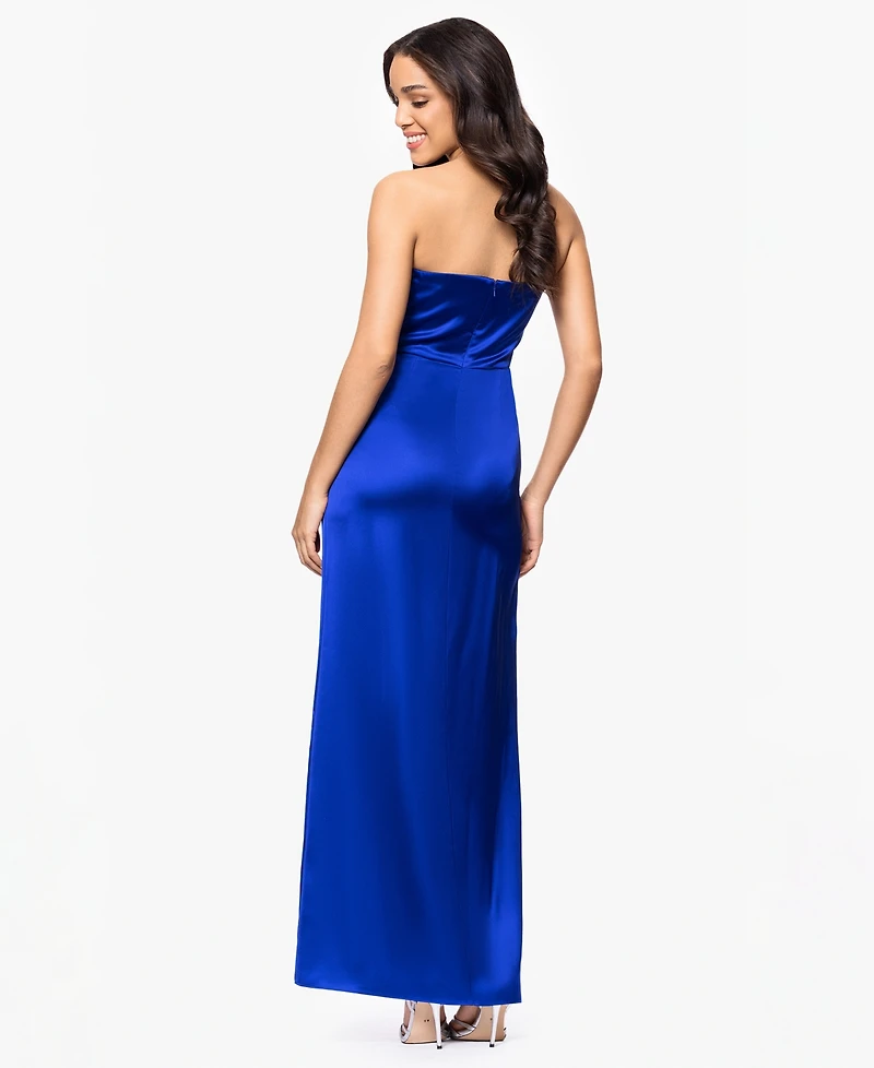 Blondie Nites Juniors' Strapless Draped Side-Slit Gown