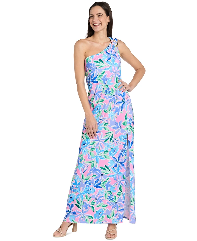 R & M Richards Women's Hardware-Trim One-Shoulder Maxi Dress