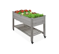 Outdoor Wood Raised Garden Bed Planter Box with Shelf and Locking Wheels