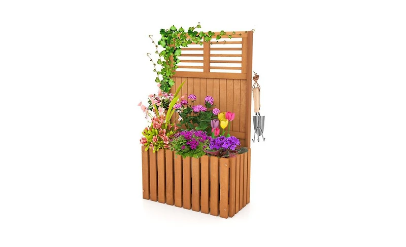 Wooden Planter Box with Metal Hooks for Efficient Gardening Setup