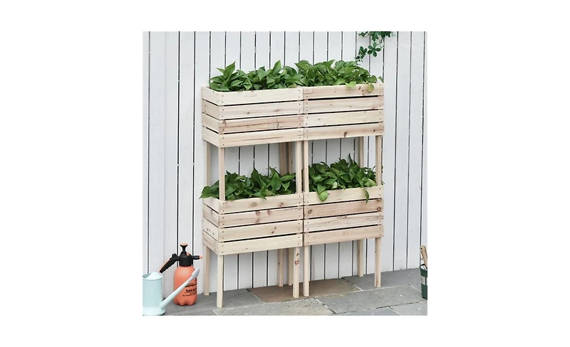 Rustic Wooden Flower Shelf and Planter Box Combination