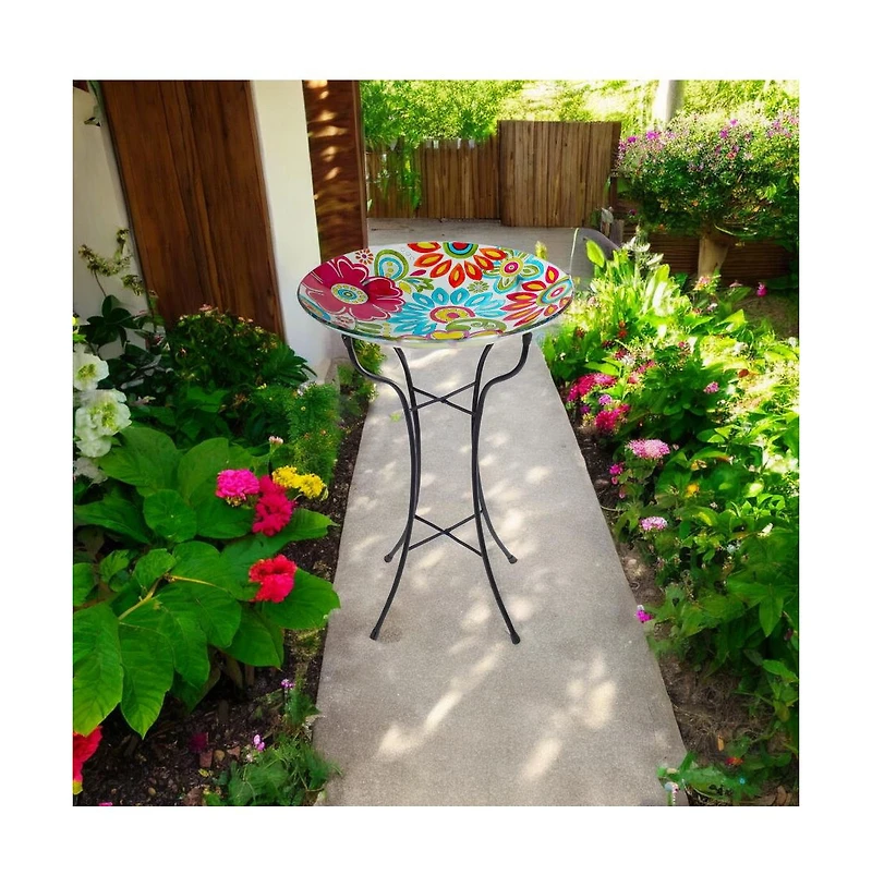 Painted Glass Outdoor Bird Bath with Stand for Garden Decoration